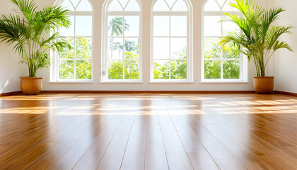 Sunlit empty room with hardwood floors, large windows, and potted plants showing lush green tropical view . AI generative