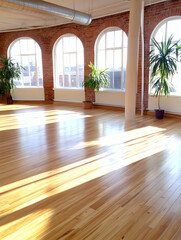 Fototapeta premium Sunlit loft space with hardwood floors, exposed brick, and arched windows