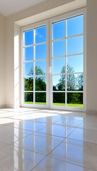 Sunlit room with French doors opening to a lush green garden . AI generative