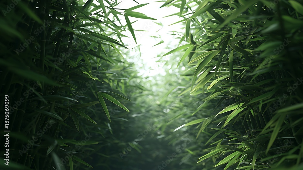 Poster a serene path through dense bamboo foliage, illuminated by soft light, creating a tranquil and natur