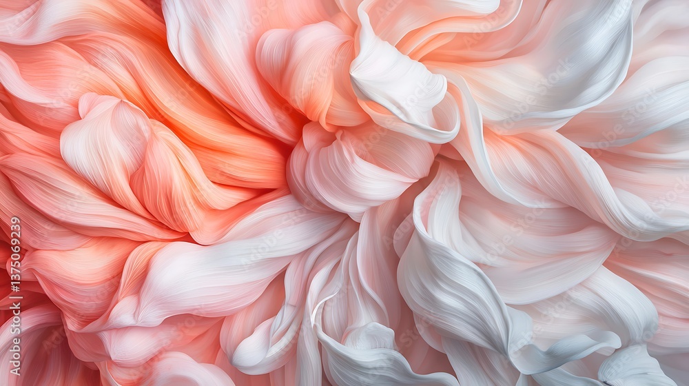 Poster a vibrant abstract design featuring swirling petals in shades of peach and white, creating a soft an