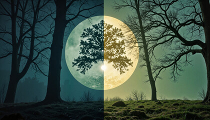 Naklejka premium Surreal split-image of trees against moonlit background 