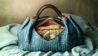 Blue Patterned Leather Handbag on Draped Fabric