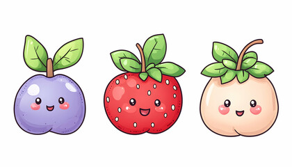 Three cute cartoon fruits plum, strawberry, and peach . AI generative