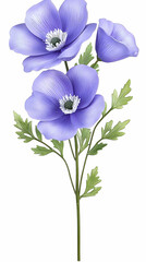Three light purple flowers with green stems and leaves on a white background . AI generative