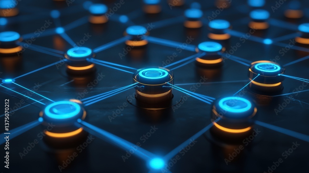 Poster abstract network connection digital nodes glowing with blue and orange light futuristic technology b
