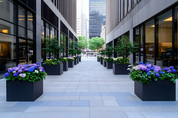 Tranquil urban walkway with planters and hydrangeas . AI generative