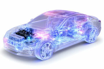 Transparent car model showcasing internal components and energy flow . AI generative