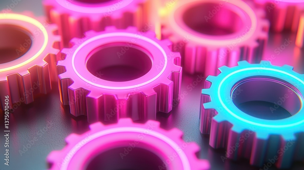 Poster neon gears: interlocking pink and teal cogs in a futuristic setting