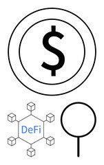 Dollar coin, blockchain network labeled DeFi, magnifying glass focusing on digital finance. Ideal for fintech, cryptocurrency, decentralized economy, investment, blockchain, transparency financial