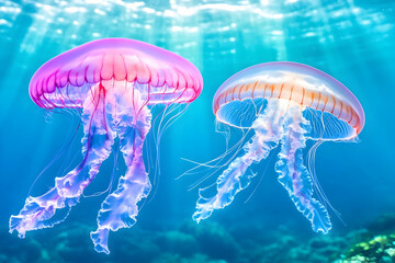 Two jellyfish swim in sunlit ocean water . AI generative