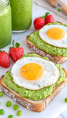 Two slices of toast topped with vibrant green pea puree and a fried egg, alongside fresh strawberries and a green smoothie . AI generative