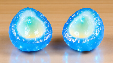 Two translucent blue orbs, halved, revealing a glowing inner core, rest on a light wood surface . AI generative