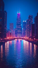 Colorful chicago riverfront glowing under night lights high resolution image