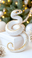Fototapeta premium White snake with gold accents coiled on a white gift box amidst Christmas decorations . AI generative