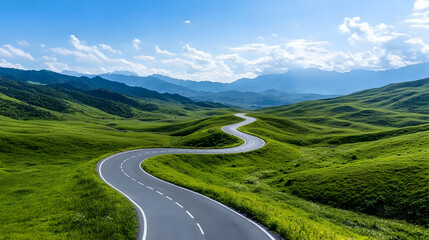 Fototapeta premium Winding asphalt road through vibrant green hills and mountains under a sunny sky . AI generative