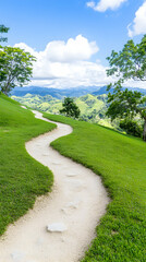 Obraz premium Winding path through lush green hills under a vibrant blue sky . AI generative