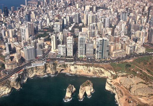 Beirut, Lebanon: Aerial View with Pigeon Rocks (raouche)