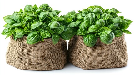 Naklejka premium Two Burlap Bags Filled with Fresh Green Basil