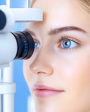 Young woman undergoing eye exam with ophthalmoscope . AI generative