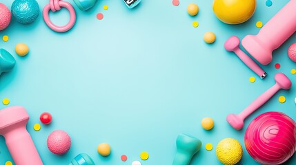Colorful fitness equipment border, pastel background.  Great for health, wellness, or gym promotions