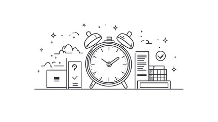 line art illustration of time management with a clock and productivity icons 