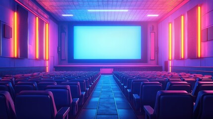 Fototapeta premium Empty Retro Cinema Theater with Neon Lights and Blank Screen Ready for Movie Night