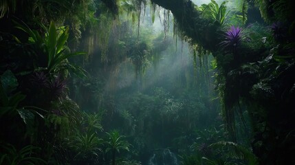 Dense tropical rainforest with hanging lianas and golden hour sidelight illuminating hyperdetailed epiphyte textures, biodiversity conservation concept
