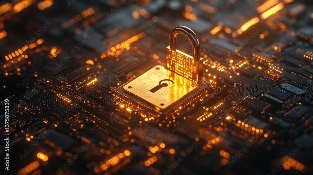 Poster golden padlock on circuit board representing digital security and data protection