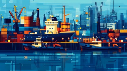Obraz premium Busy harbor scene with cargo ships and dockworkers