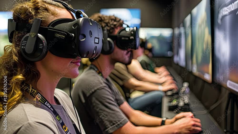 Poster Engaging gamers exploring virtual reality experiences at an interactive exhibition in 4k quality