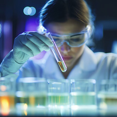 researcher in a high-tech laboratory holding a test tube with a new experimental drug solution.