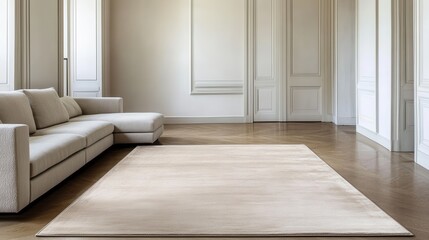 Minimalist interior design open space mindfulness. Modern living room featuring a light sofa and large rug on polished wooden floor.