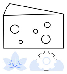 Cheese block with distinct holes above a blue flower and gear within a cloud shape. Ideal for food, dairy production, sustainability, innovation, synergy, environmental balance, flat simple metaphor