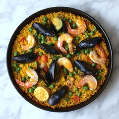 Seafood Paella with overhead shot.