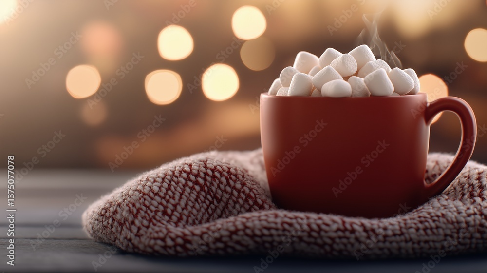Poster Red mug filled with white marshmallows on top of a red knitted blanket. the mug is placed on a wooden surface with a blurred background of bokeh lights.
