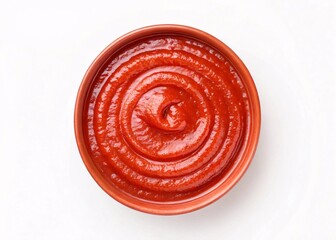 Smooth Tomato Sauce Swirl in a Bowl on White Background.