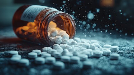 Spilled Pills from Bottle Close up of Scattered White Tablets on Dark Surface