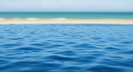 Obraz premium Calm blue pool water with blurred ocean background soft light. AI Generated