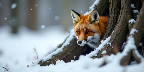Fox partially hidden behind the exposed roots of a tree in the middle of a snowy forest