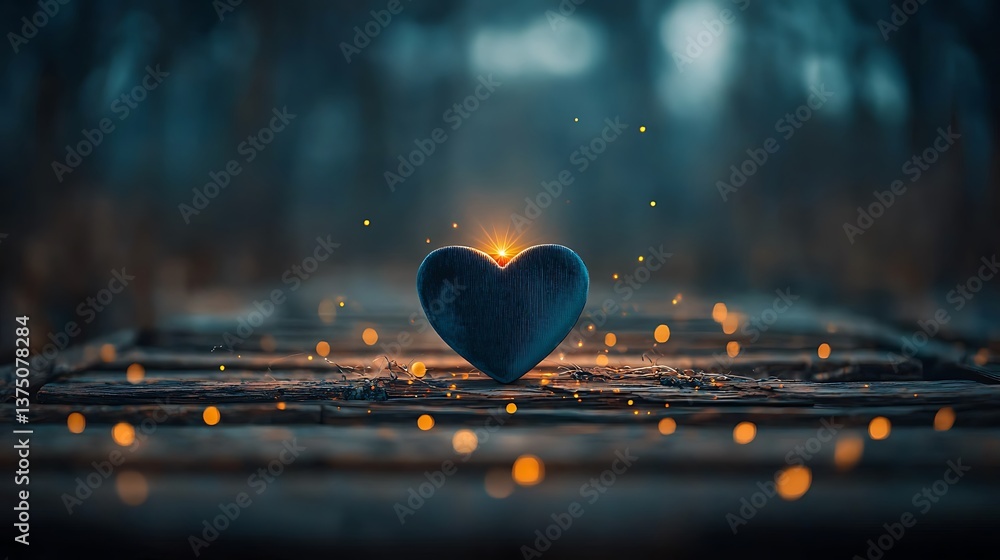 Poster heart-shaped object on rustic wooden surface in the glow of light