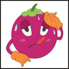Cute mangosteen character with fever sick face. Mangosteen logo. Vector illustration on white background.