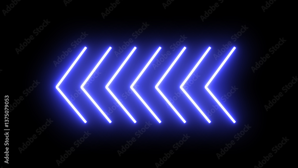 Poster seven 7 shapes of glowing blue neon arrows fade in and fade out motion graphic, right to left arrows