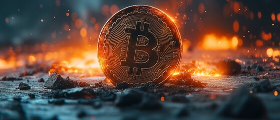 Golden bitcoin coin amidst fiery chaos, smoldering debris, and intense flames