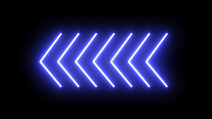 Naklejka premium Seven 7 shapes of glowing blue neon arrows fade in and fade out motion graphic, Right to left arrows blinking in a loop swipe left button