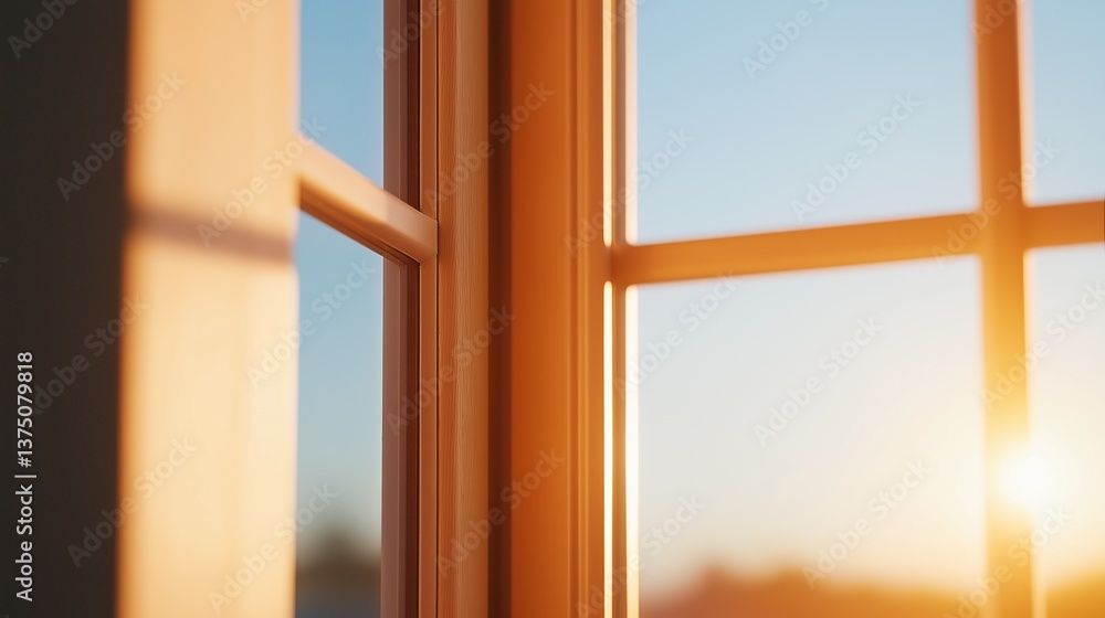 Poster close-up of a window with a view of the sun setting in the background. the window is made of orange-