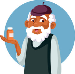 Elderly Man Holding a Tube of Pills Vector Cartoon. Senior person taking care of his health using medication and supplements  
