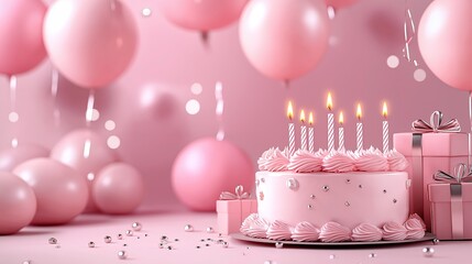 Pink - themed Birthday Celebration with Elegant Pink Cake Adorned with Swirled Icing, Lit Striped Candles, and Accompanied by Pink Balloons and Gift Boxes, Perfect for a Joyous Birthday Party Atmosphe