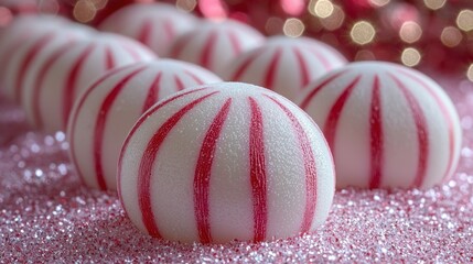 Close-up of Peppermint Candy Balls on Pink Glitter