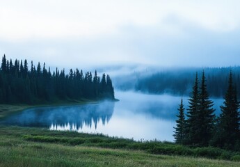 Obraz premium Misty Mountain Lake at Dawn